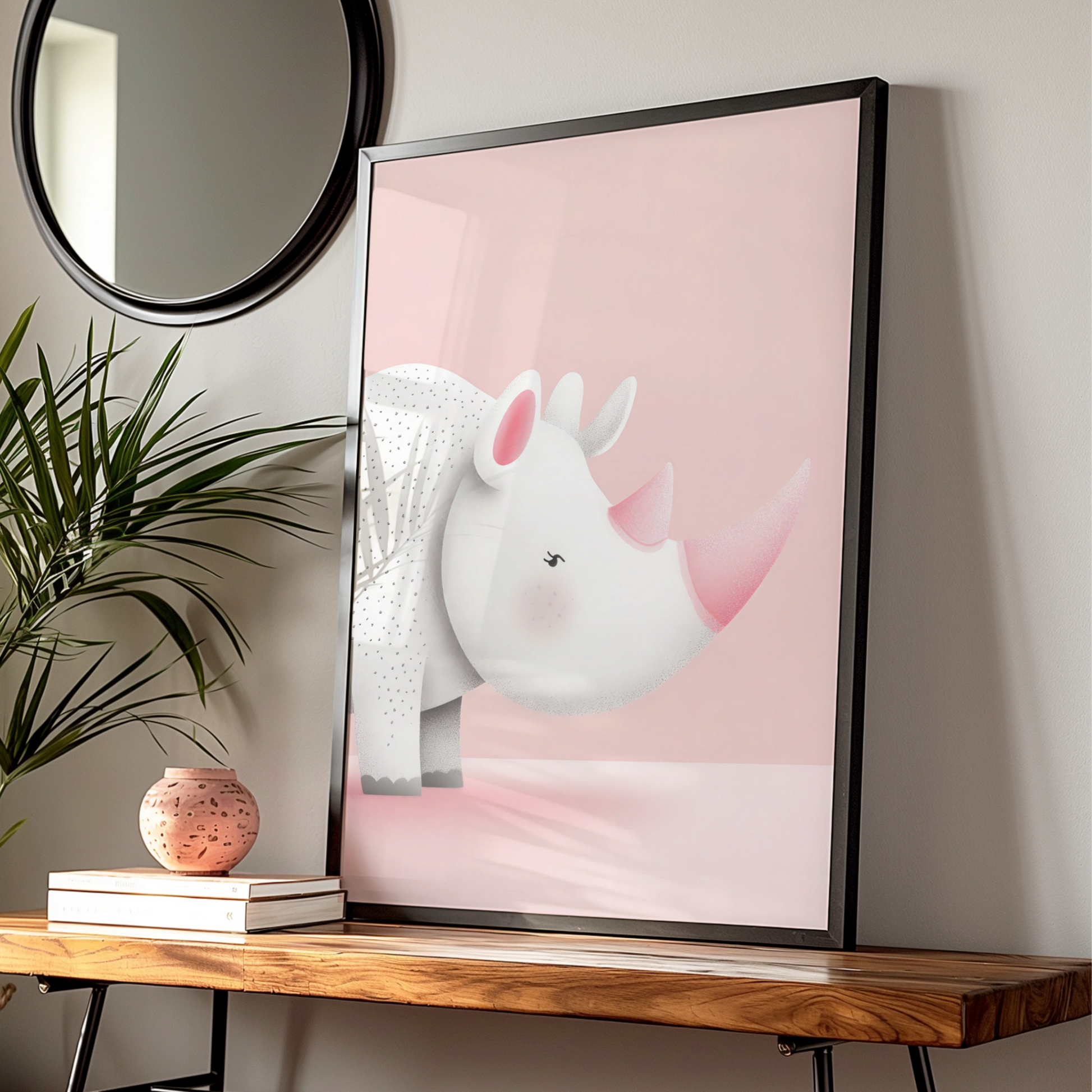 Rhino Nursery Wall Art, Pink Safari Print, Baby Girl Room Poster, Cute Animal Decor