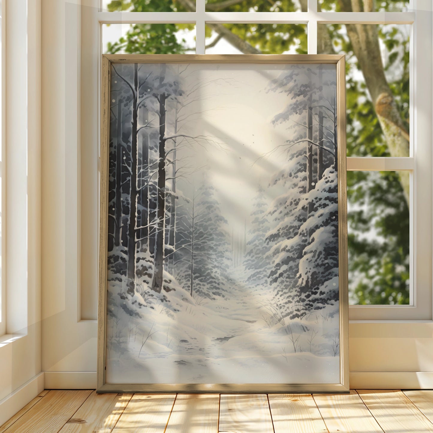 Snowy Winter Forest Christmas Poster, Grey White Woodland Wall Art, Festive Nature Print