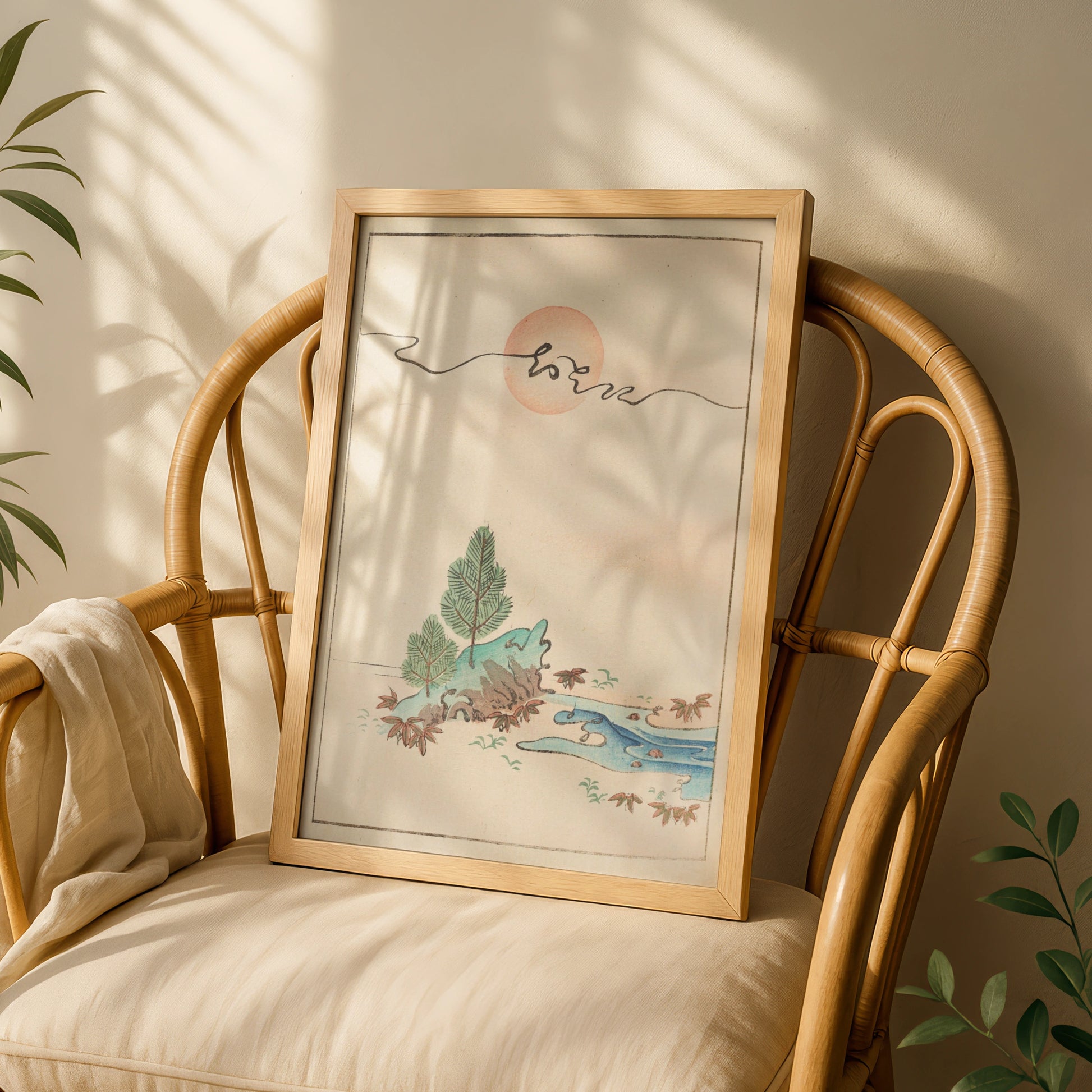 Japanese Wall Art, Vintage Bijutsukai Woodblock Print, Minimalist Rising Sun Poster – A5 White frame