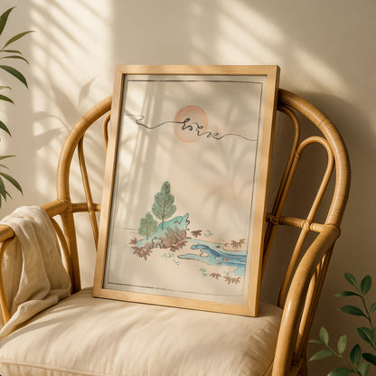 Japanese Wall Art, Vintage Bijutsukai Woodblock Print, Minimalist Rising Sun Poster – A5 White frame