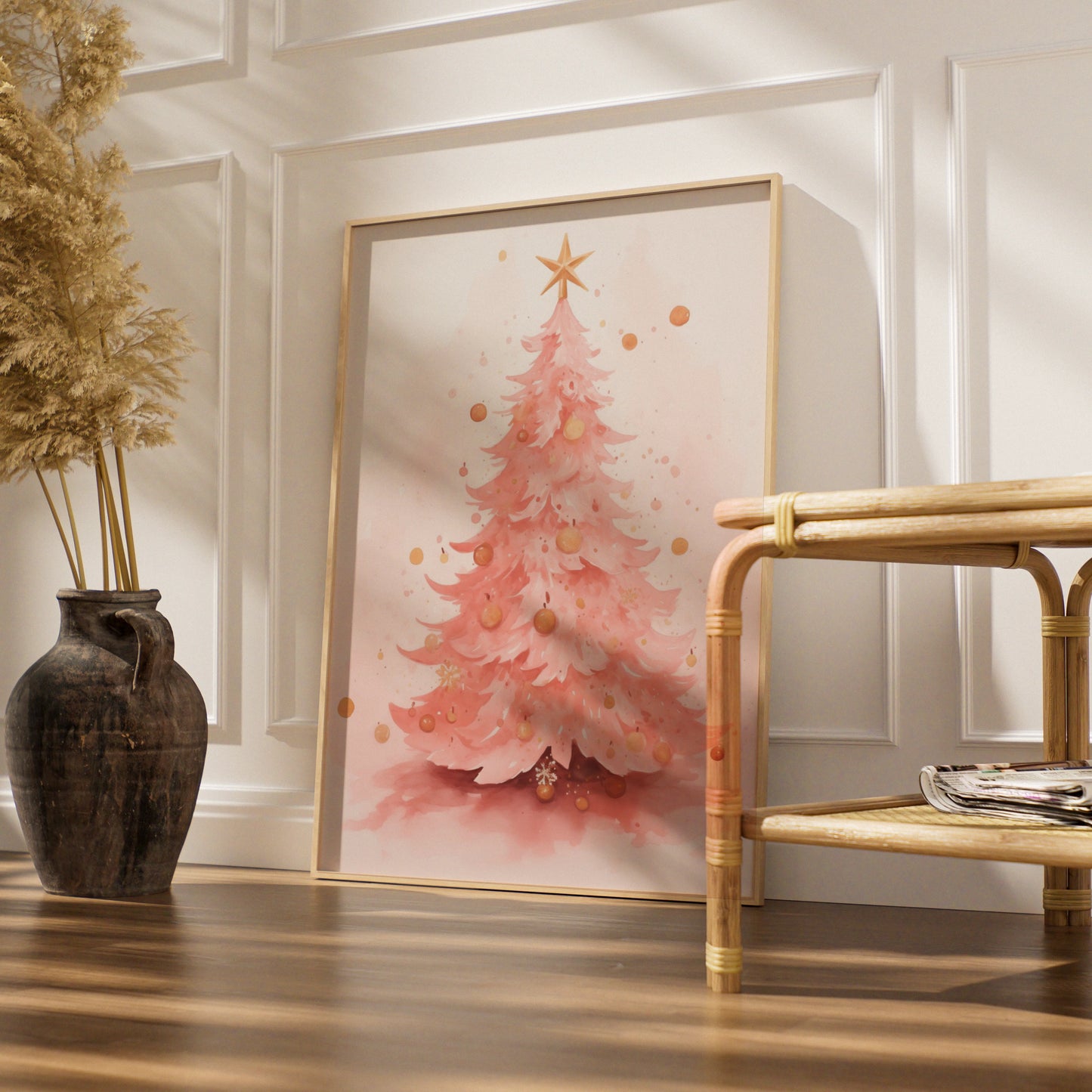 Pink Christmas Tree Poster, Watercolour Xmas Wall Art, Gold Star Festive Print