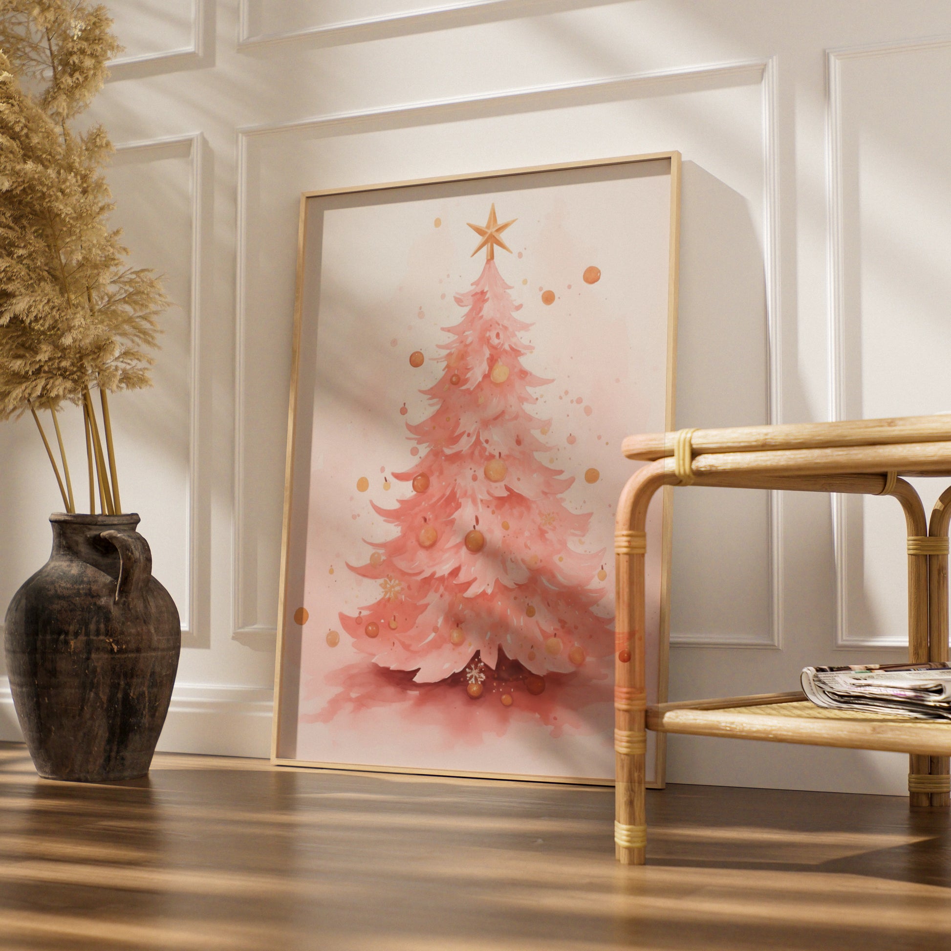 Pink Christmas Tree Poster, Watercolour Xmas Wall Art, Gold Star Festive Print