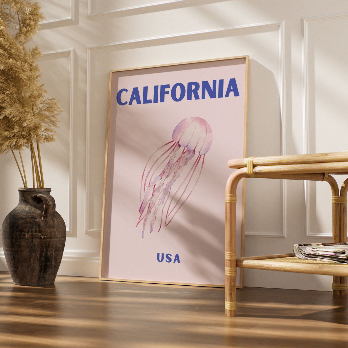 California Travel Poster USA, Jellyfish Wall Art, Retro Ocean Print, Coastal Pink Decor