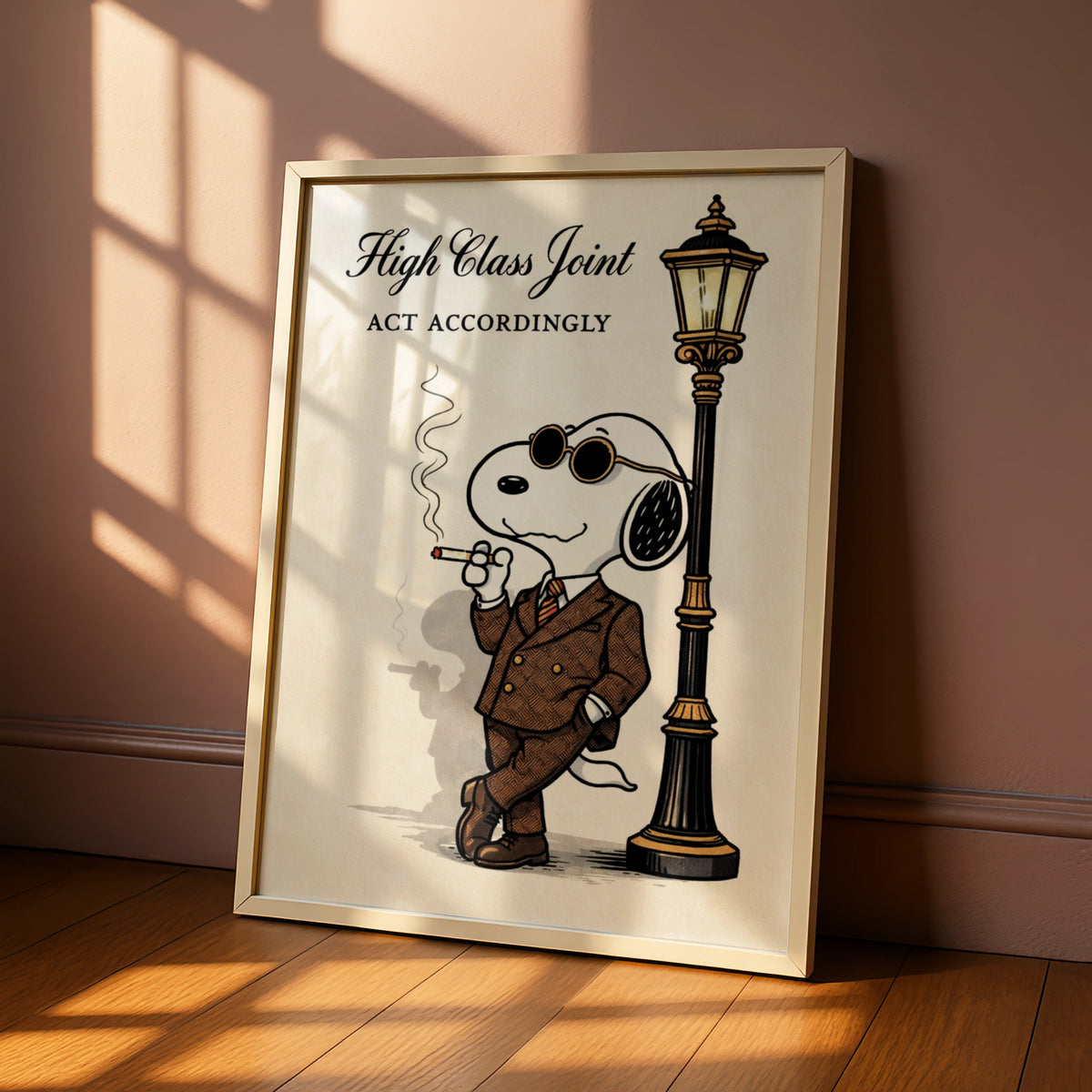 High Class Joint Cartoon Dog Poster, Dapper Suit Funny Wall Art, Quirky Retro Print