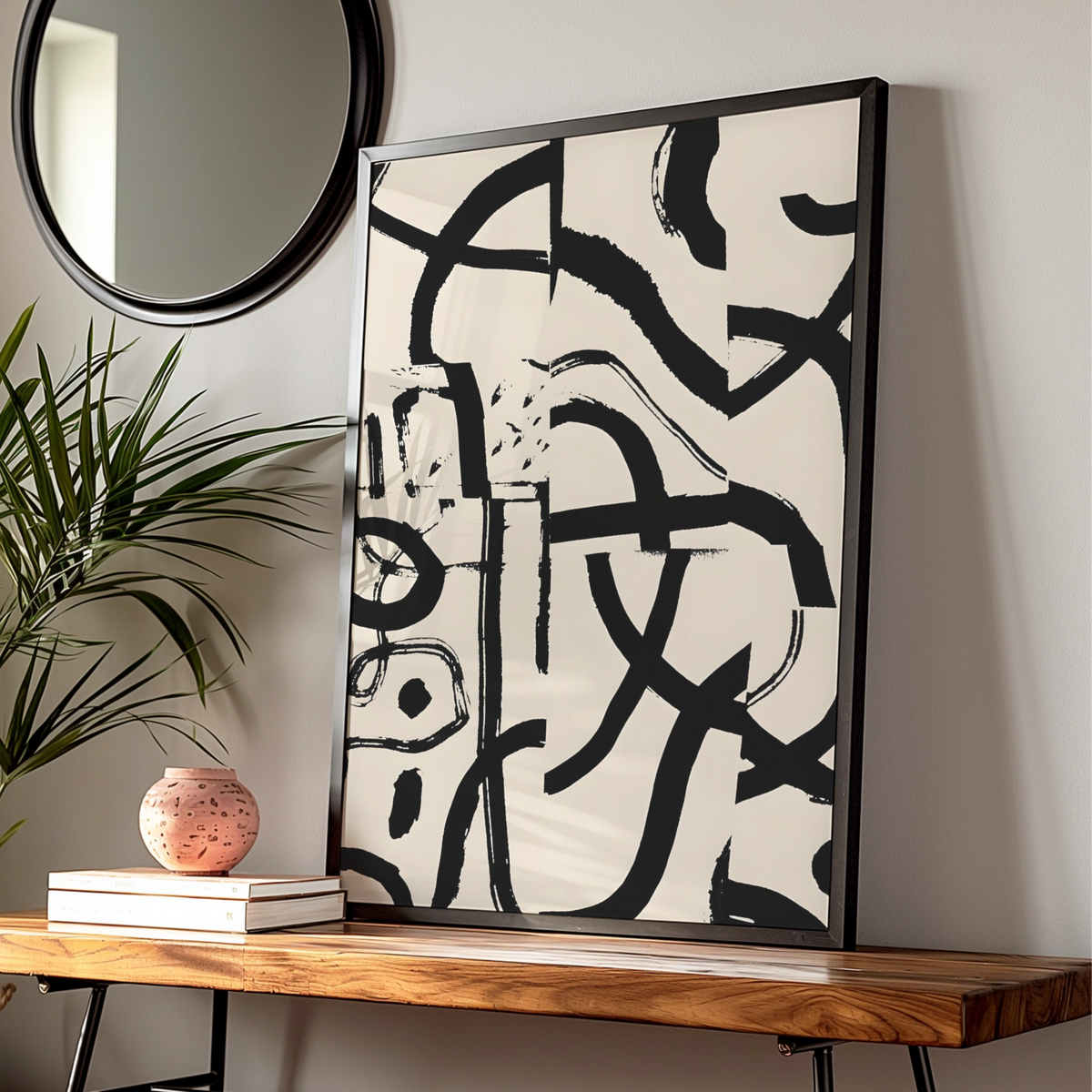 Abstract Brush Stroke Wall Art, Monochrome Black Cream Modern Print, Gallery Wall Poster