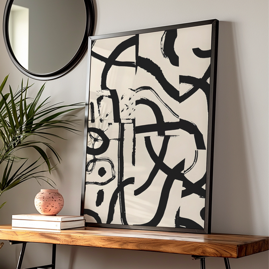 Abstract Brush Stroke Wall Art, Monochrome Black Cream Modern Print, Gallery Wall Poster