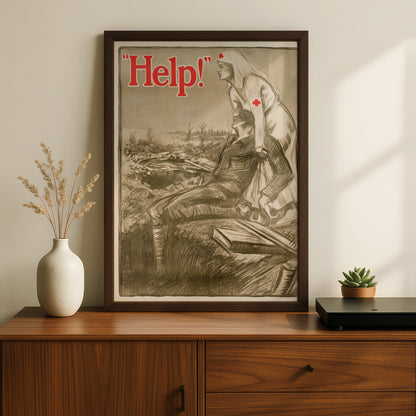 WWI Red Cross Nurse Help Poster, Vintage War Propaganda Wall Art Print, History