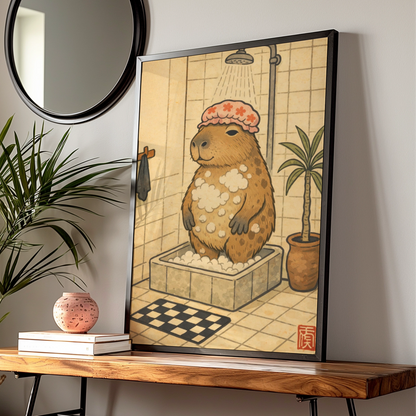 Capybara Shower Cartoon Poster, Funny Animal Print, Quirky Bathroom Wall Art — Digital Download