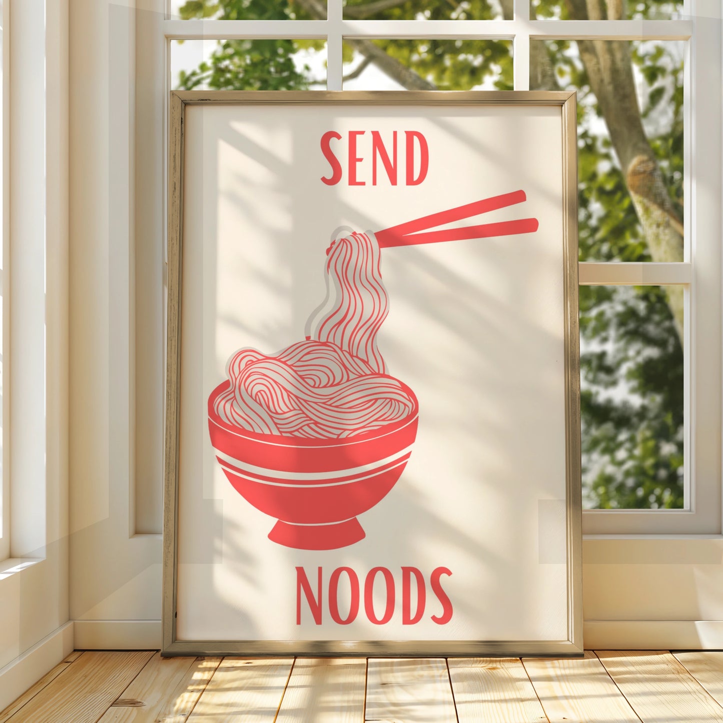 Send Noods Ramen Poster, Funny Noodle Bowl Wall Art, Bold Red Kitchen Print