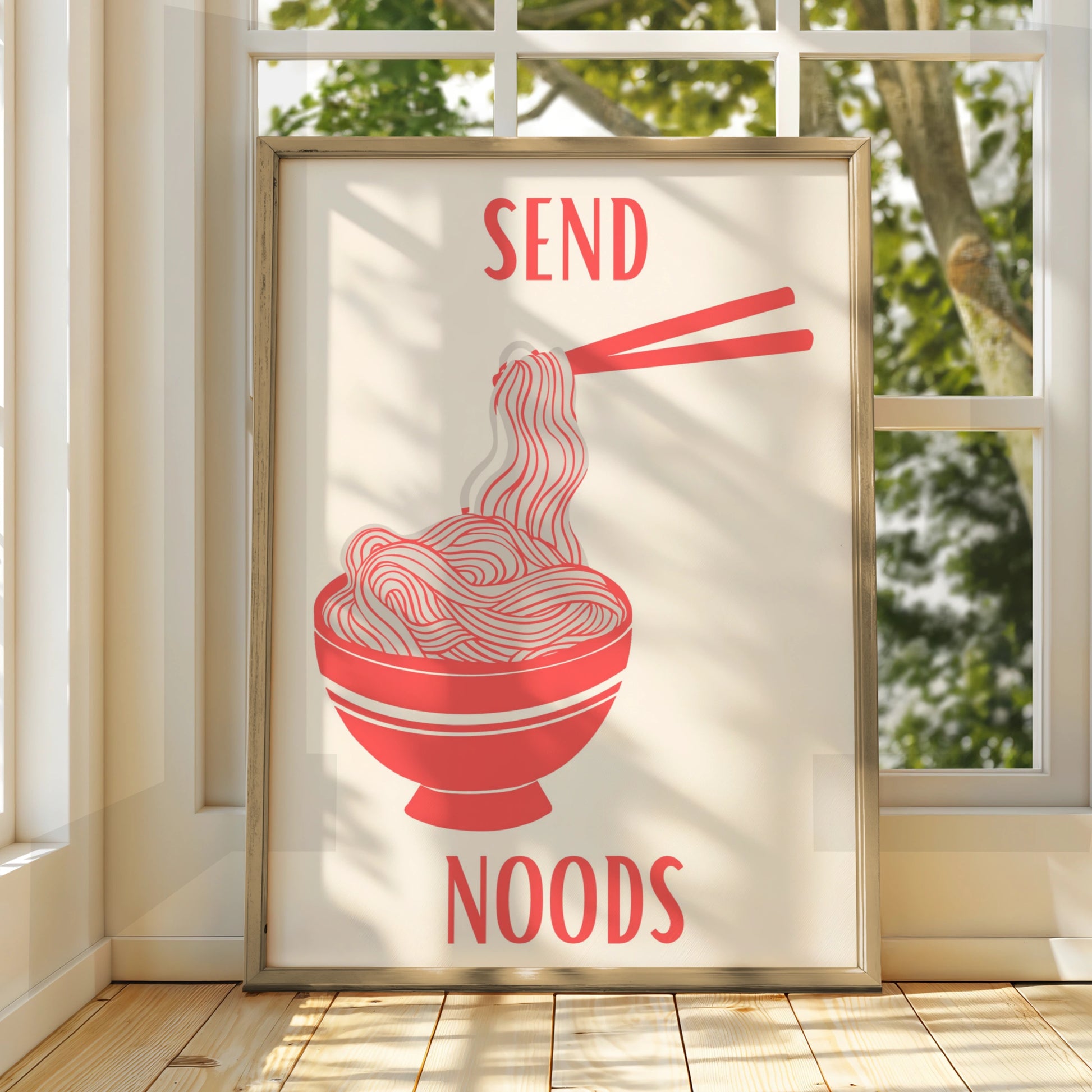 Send Noods Ramen Poster, Funny Noodle Bowl Wall Art, Bold Red Kitchen Print