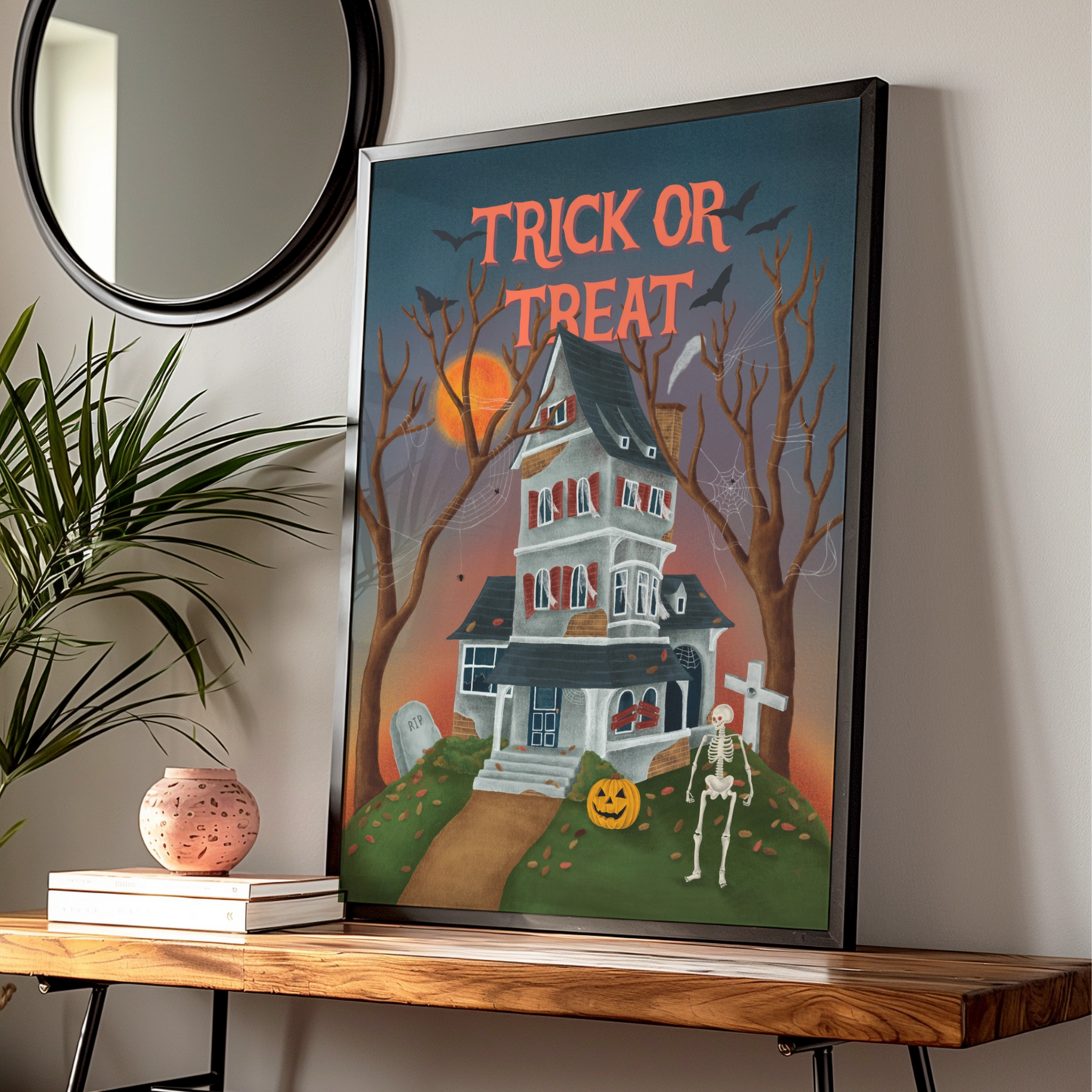 Trick Or Treat Halloween Poster, Haunted House Wall Art, Skeleton Pumpkin Print