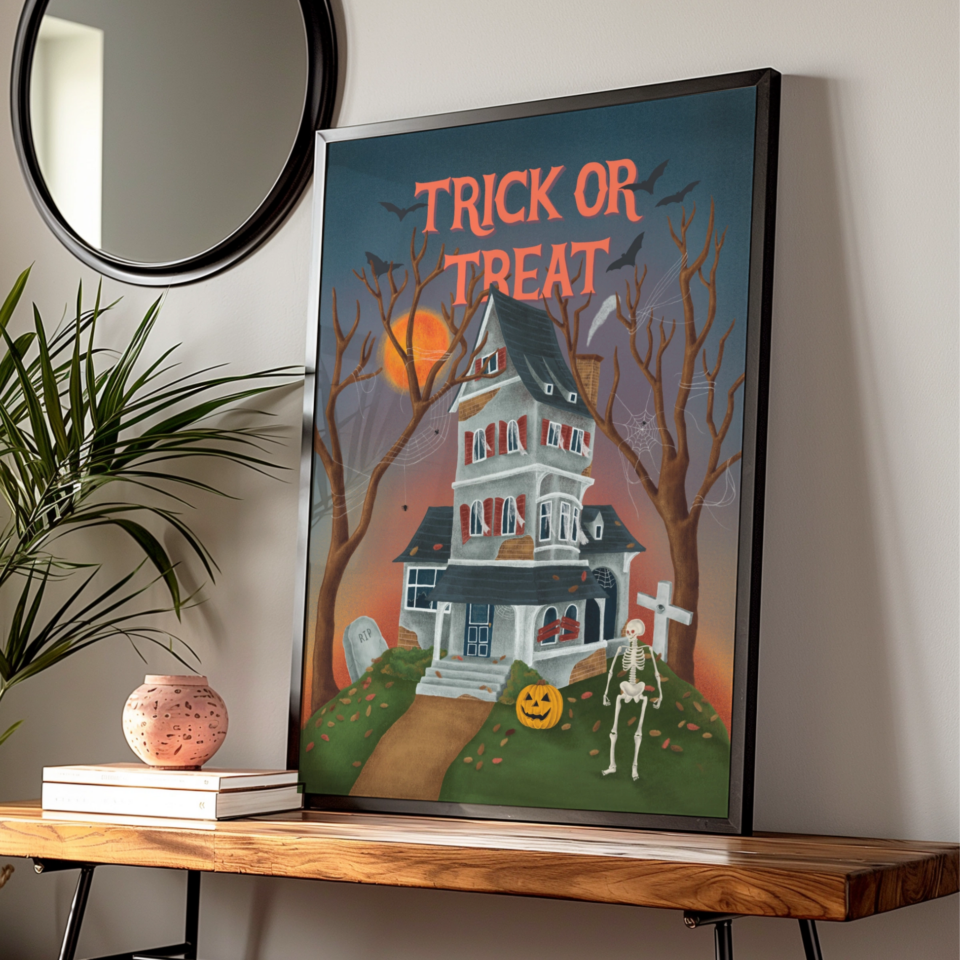 Trick Or Treat Halloween Poster, Haunted House Wall Art, Skeleton Pumpkin Print