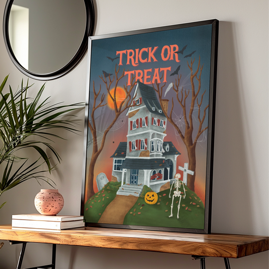Trick Or Treat Halloween Poster, Haunted House Wall Art, Skeleton Pumpkin Print