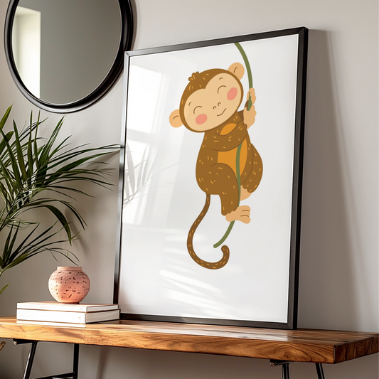 Cute Monkey Nursery Wall Art, Baby Animal Poster, Kids Room Jungle Print, Toddler Decor