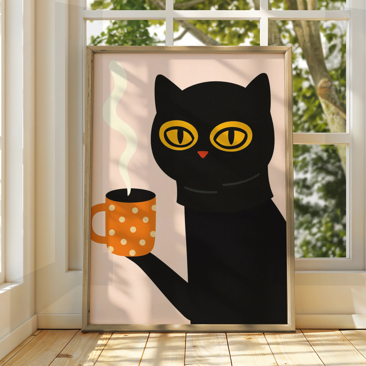 Black Cat Coffee Cartoon Poster, Funny Cat Wall Art, Quirky Kitchen Print
