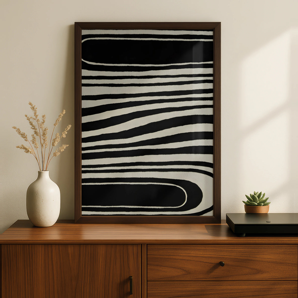 Monochrome Wave Lines Abstract Print, Black White Poster, Modern Minimalist Wall Art