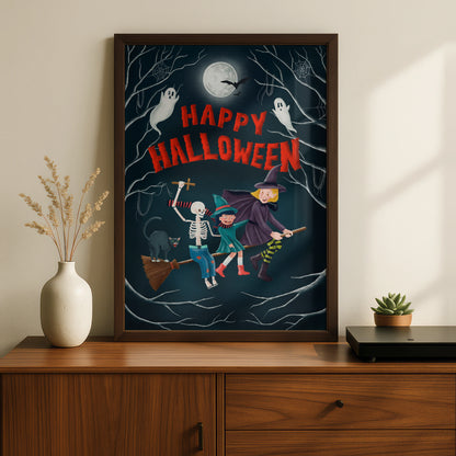 Happy Halloween Poster, Witch Skeleton Ghost Wall Art, Spooky Fun Halloween Print