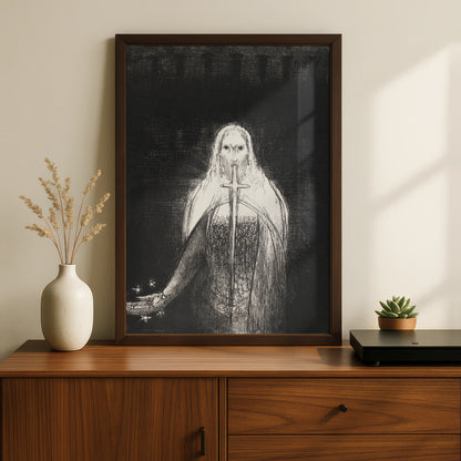 Halloween Gothic Ghost Figure Poster, Dark Occult Wall Art, Black White Sword Print