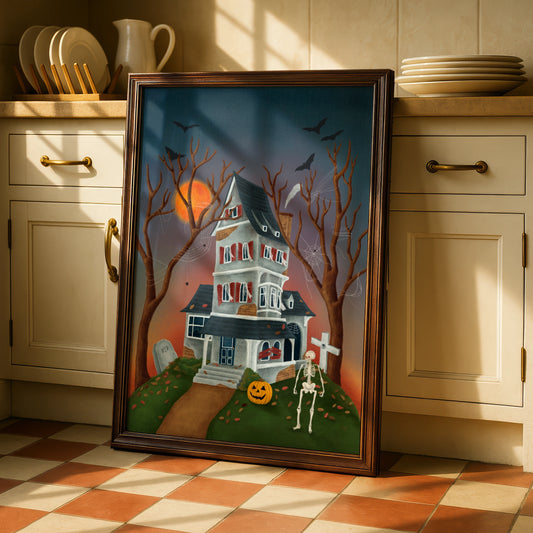 Haunted House Halloween Poster, Spooky Wall Art, Skeleton Pumpkin Bat Print, Gothic Home Decor