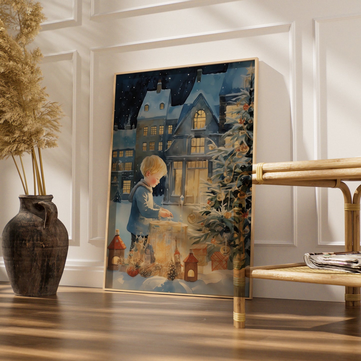 Christmas Poster, Child with Lantern Snowy Village, Watercolour Xmas Wall Art Print