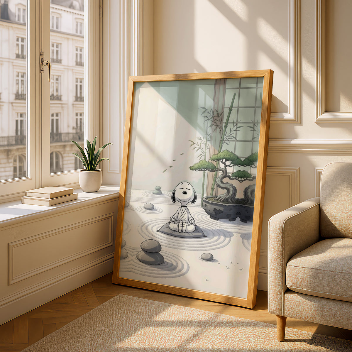 Meditating Cartoon Beagle Zen Garden Poster, Bonsai Wall Art, Sage Green Art Print for Bedroom