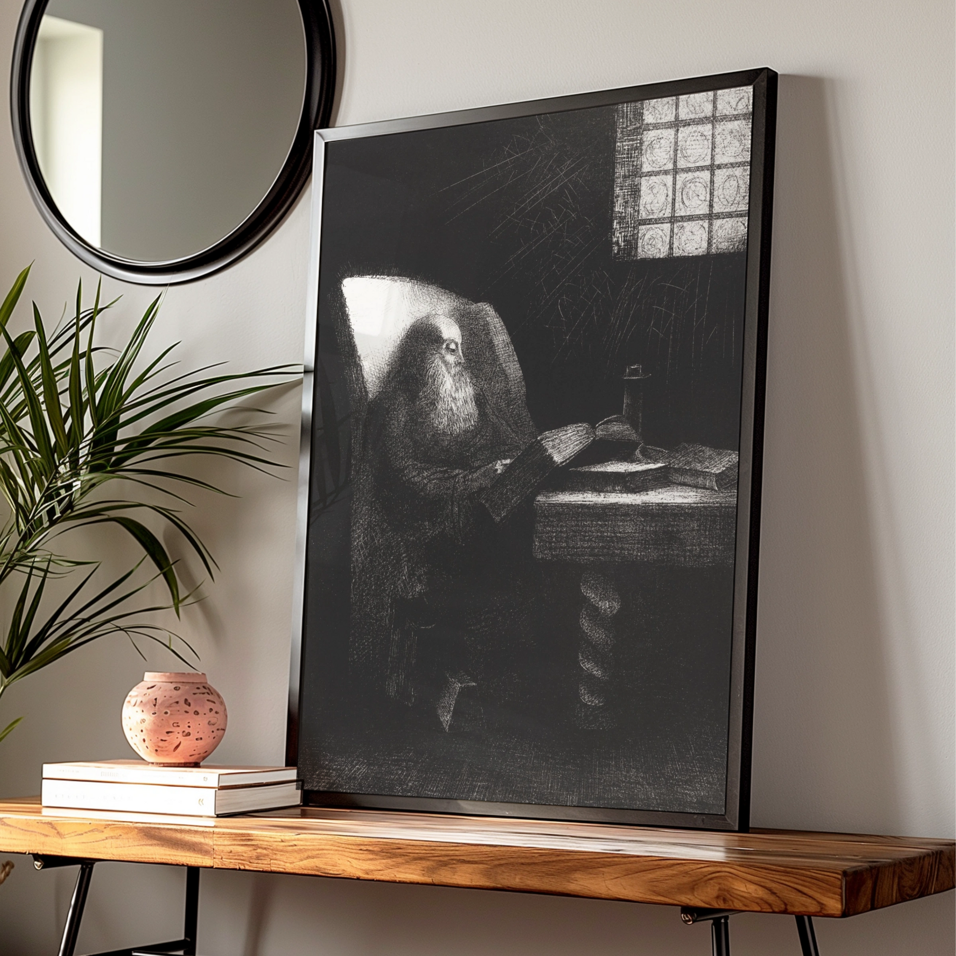 Dark Gothic Halloween Art Print, Mysterious Old Wizard Reading Spellbook Poster