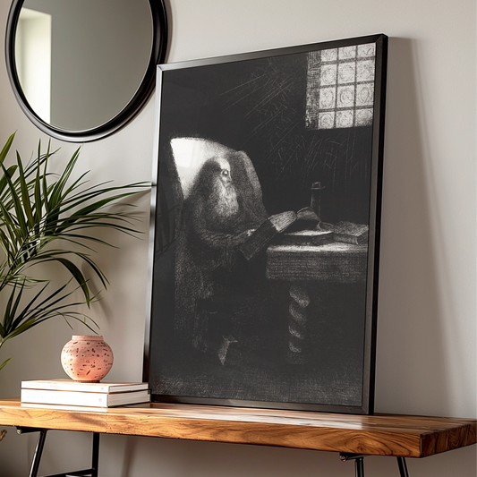 Dark Gothic Halloween Art Print, Mysterious Old Wizard Reading Spellbook Poster