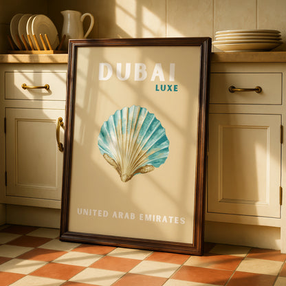 Dubai Travel Poster, UAE Wall Art, Retro Seashell Print, Coastal Teal Sand Decor