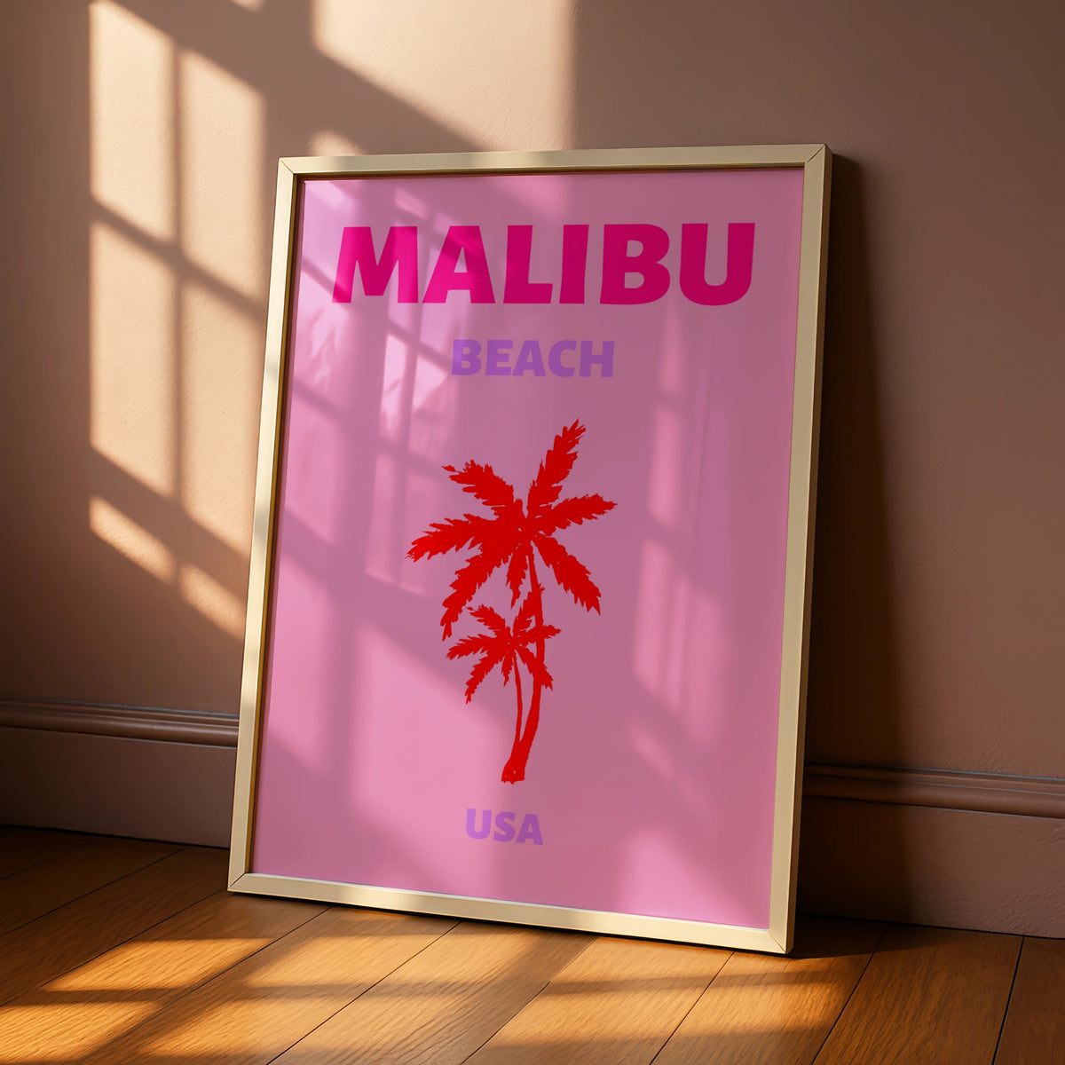 Malibu Beach Travel Poster, California Wall Art, Retro USA Palm Tree Print