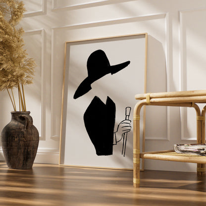 Halloween Witch Poster, Black Silhouette Art Print, Spooky Wide Brim Hat Wall Art