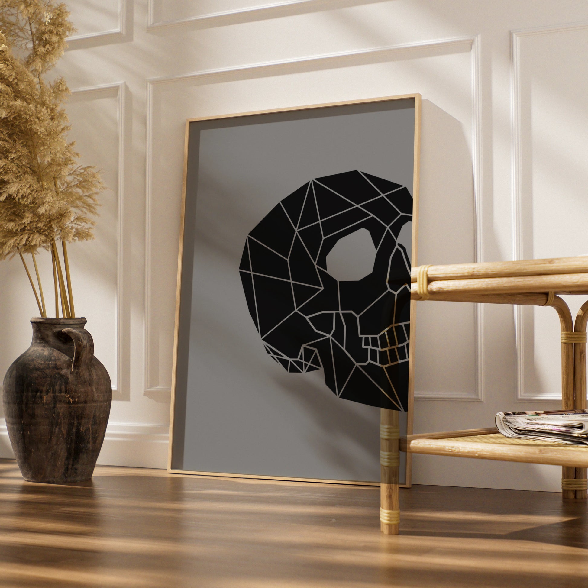 Geometric Skull Halloween Poster, Black Grey Minimalist Skull Wall Art Print