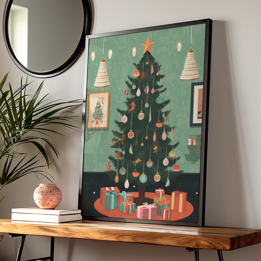Retro Christmas Tree Poster, Vintage Festive Wall Art, Mid Century Xmas Print, Holiday Decor