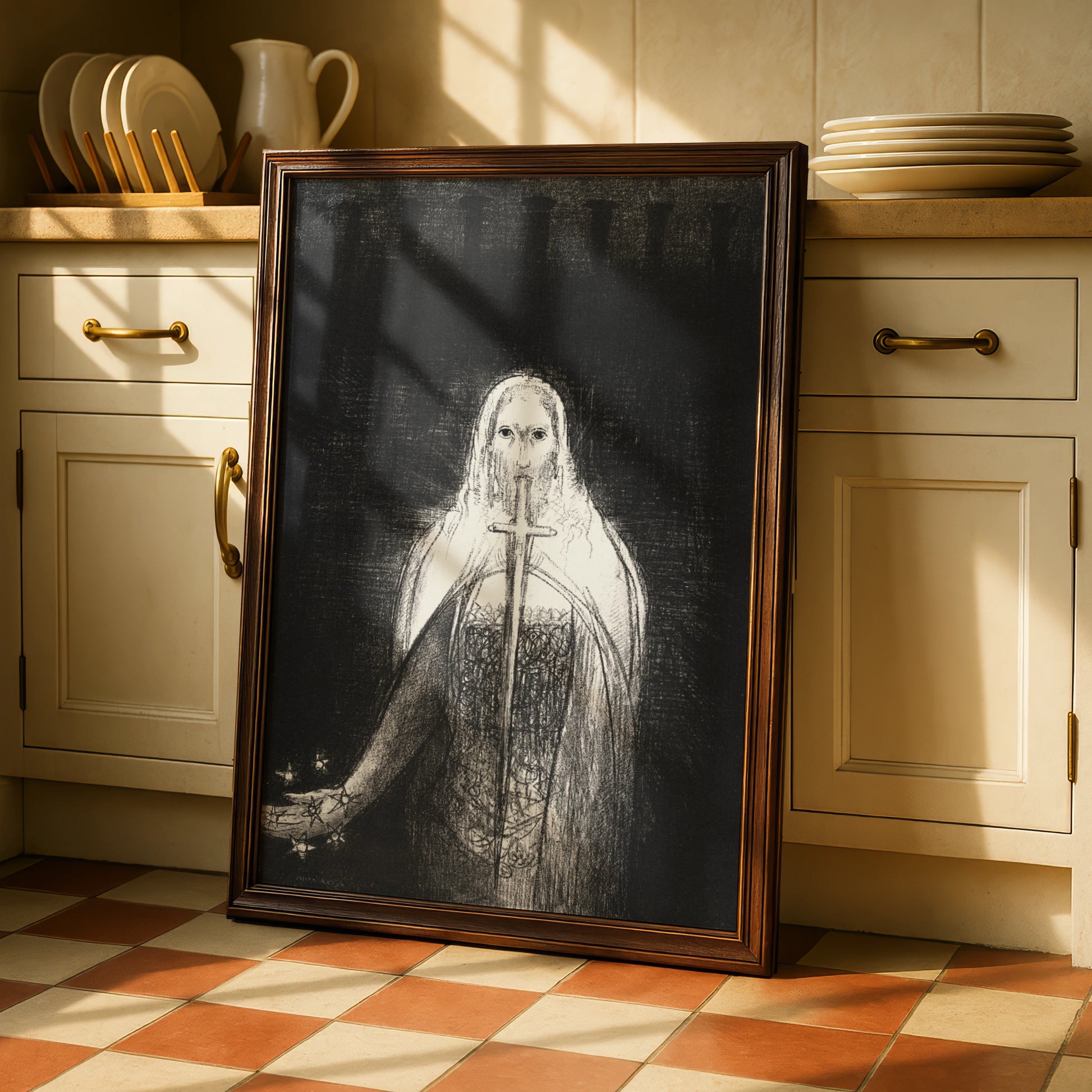 Halloween Gothic Ghost Figure Poster, Dark Occult Wall Art, Black White Sword Print