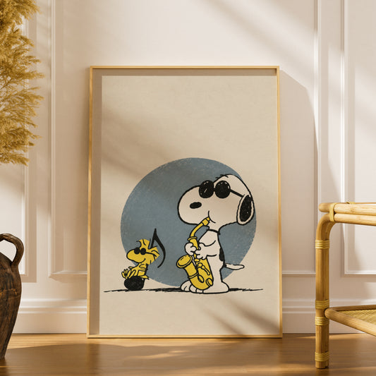Retro Jazz Cartoon Dog Saxophone Poster, Vintage Music Wall Art, Blue Living Room Decor Print