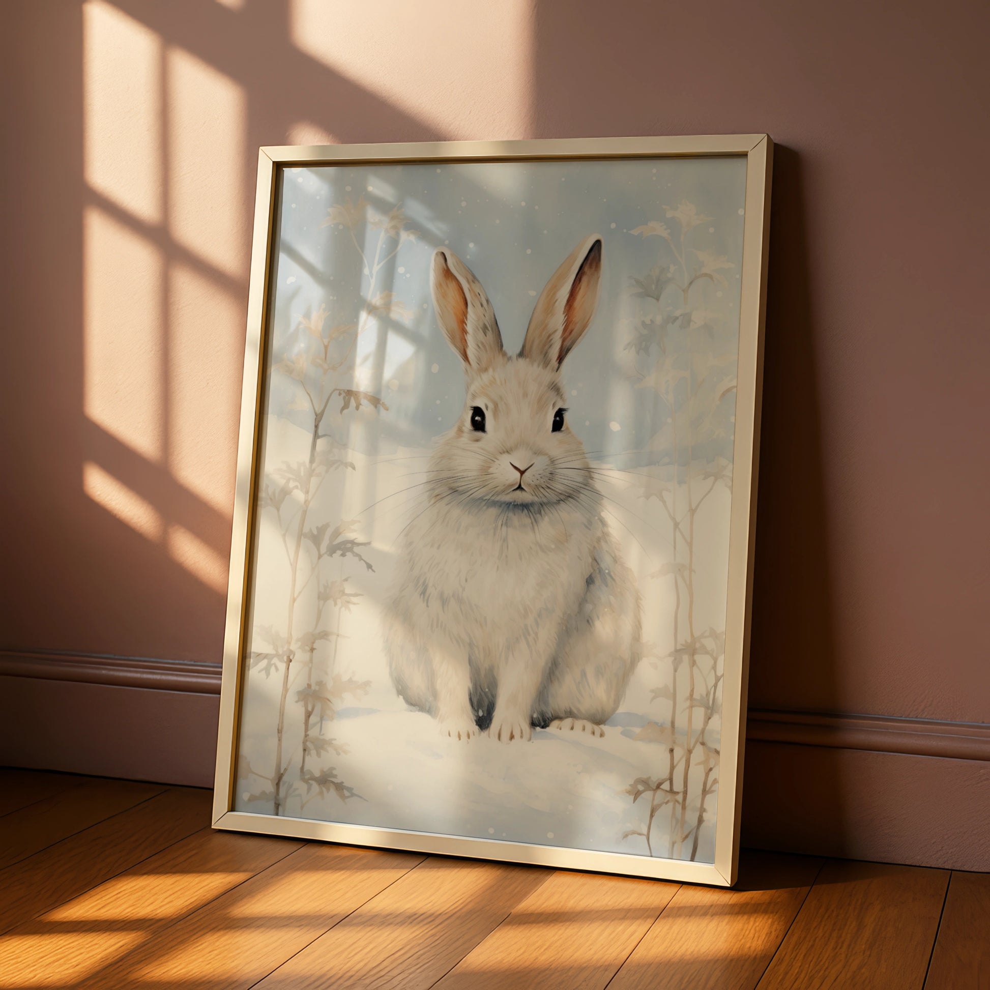 Christmas Rabbit Poster, Winter Snow Bunny Wall Art, Festive Nordic Animal Print, Cosy Holiday Decor