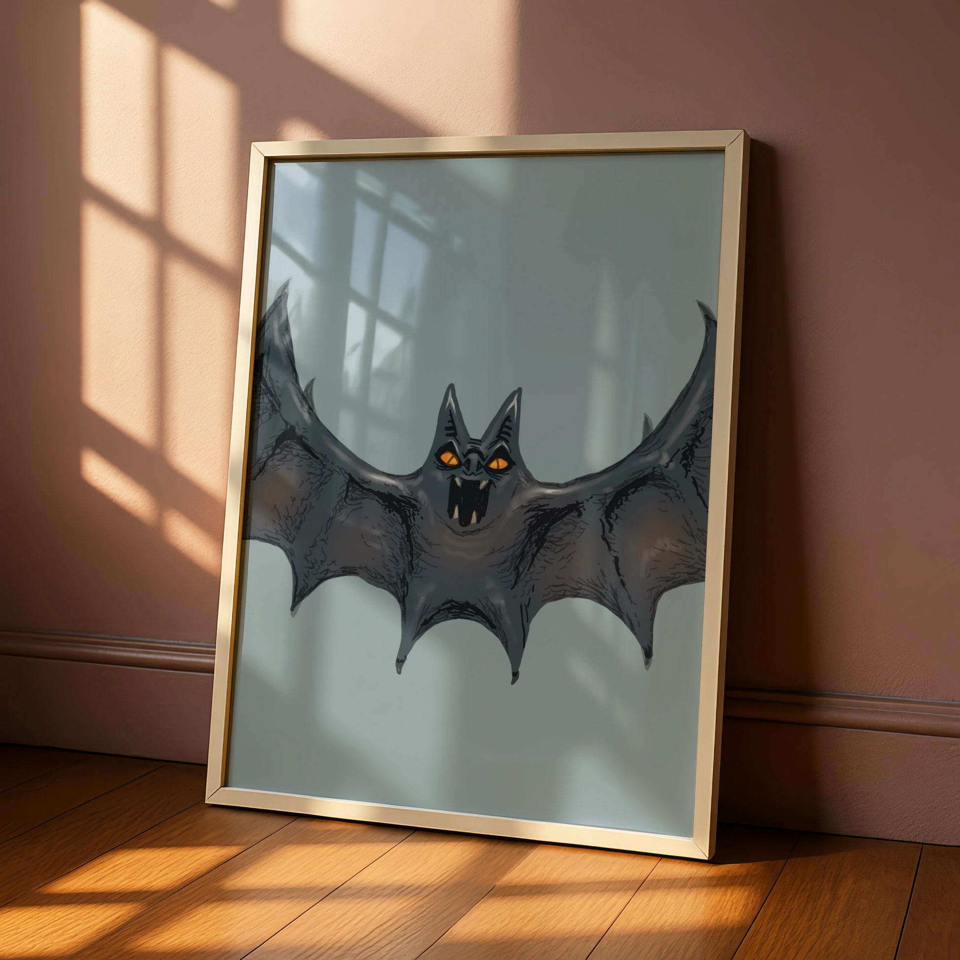 Halloween Bat Wall Art, Spooky Black Bat Poster, Gothic Horror Print, Dark Grey Orange Eyes