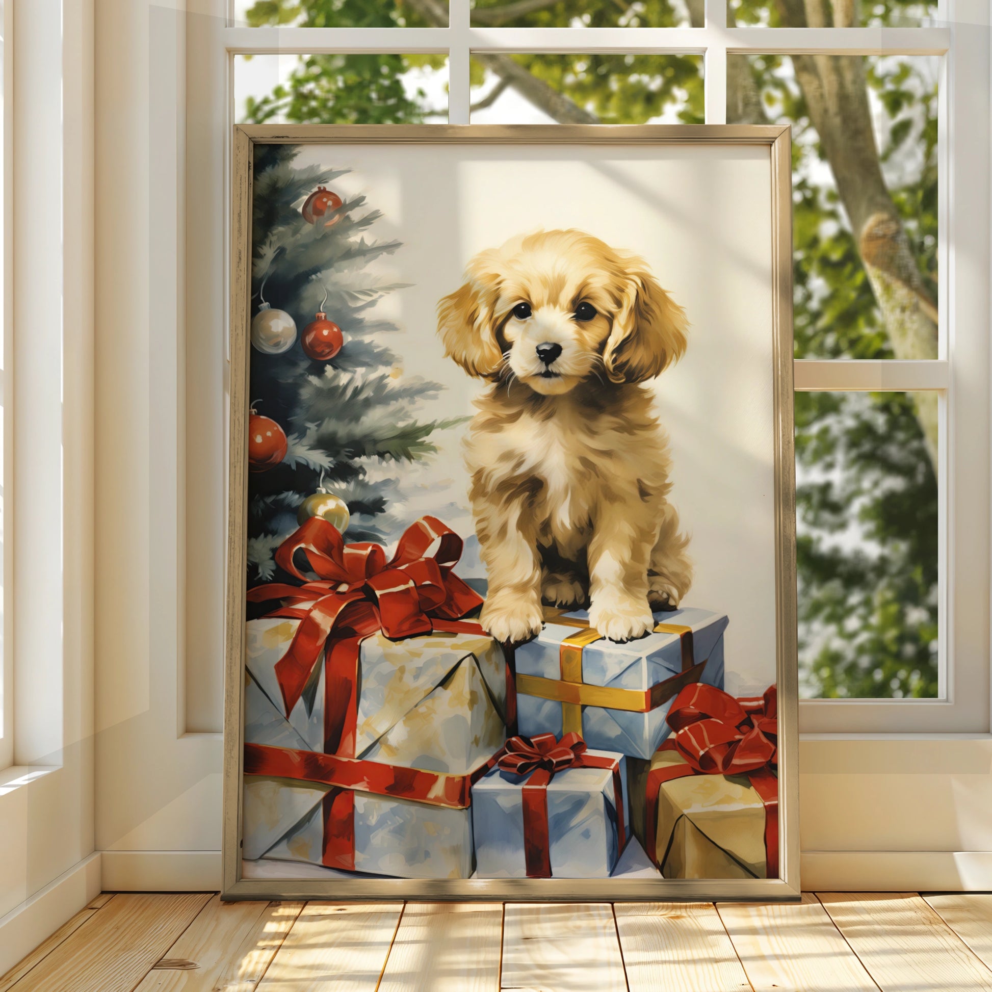Christmas Puppy Poster, Golden Dog with Gifts Art Print, Festive Xmas Wall Decor