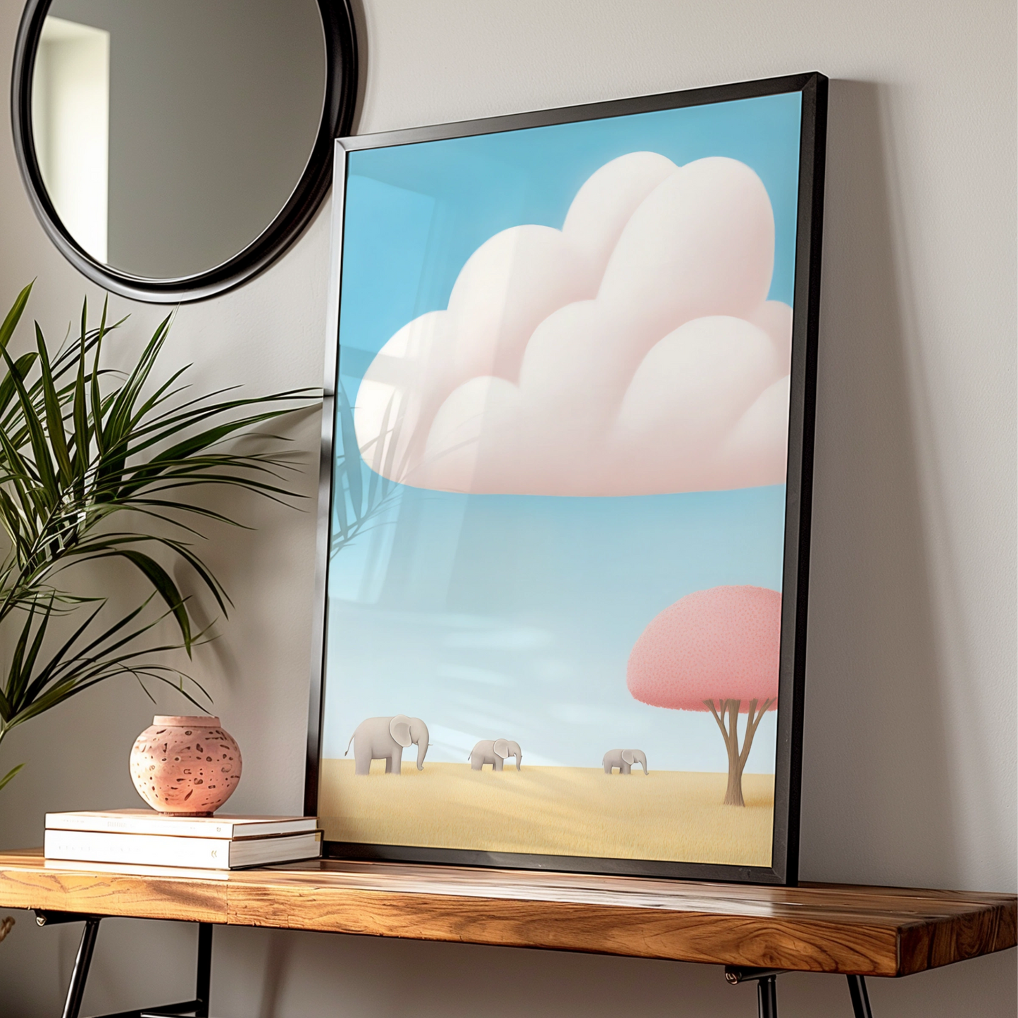 Elephant Nursery Wall Art, Baby Safari Print, Cute Kids Poster, Blue Pink Pastel