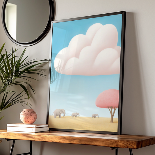 Elephant Nursery Wall Art, Baby Safari Print, Cute Kids Poster, Blue Pink Pastel