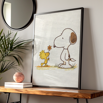 Flower Cartoon Poster, Retro Peanuts Wall Art, Quirky Print