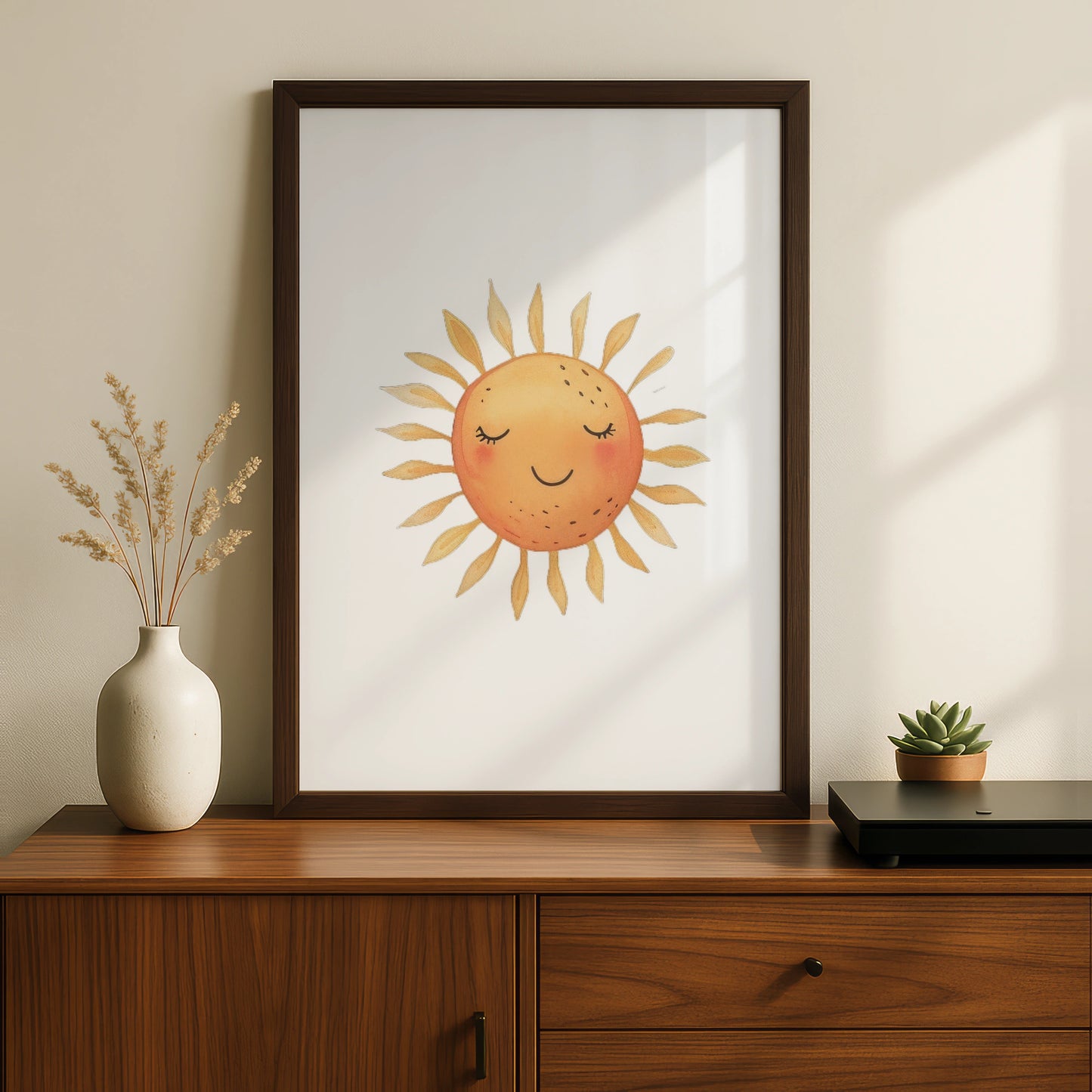 Nursery Sun Wall Art, Cute Smiling Sun Poster, Watercolour Baby Room Print, Kids Decor