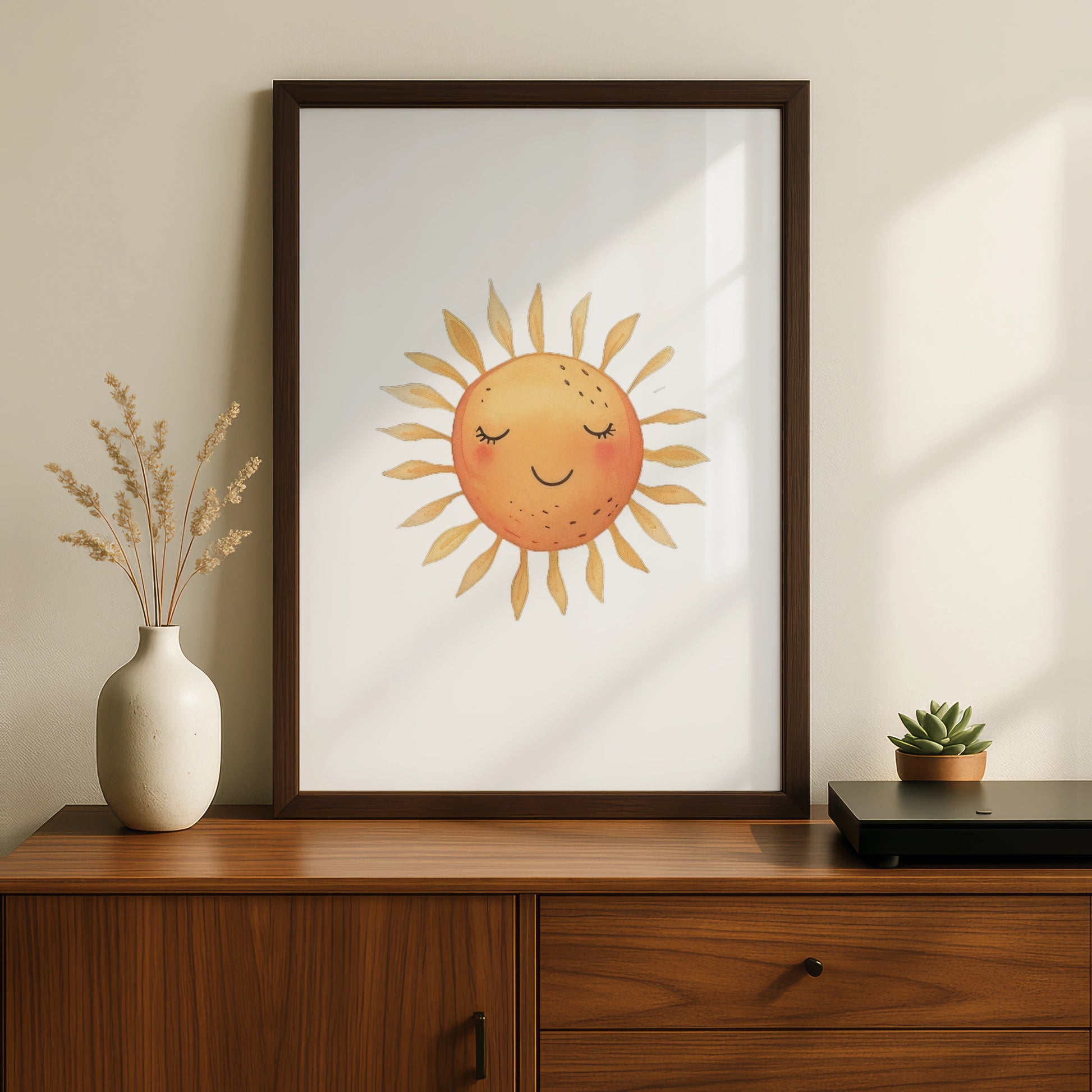 Nursery Sun Wall Art, Cute Smiling Sun Poster, Watercolour Baby Room Print, Kids Decor