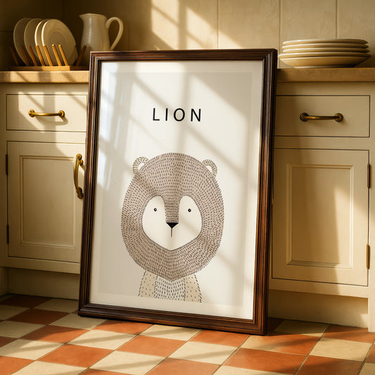 Lion Nursery Poster, Cute Animal Print, Minimalist Kids Wall Art, Neutral Beige Scandi Decor