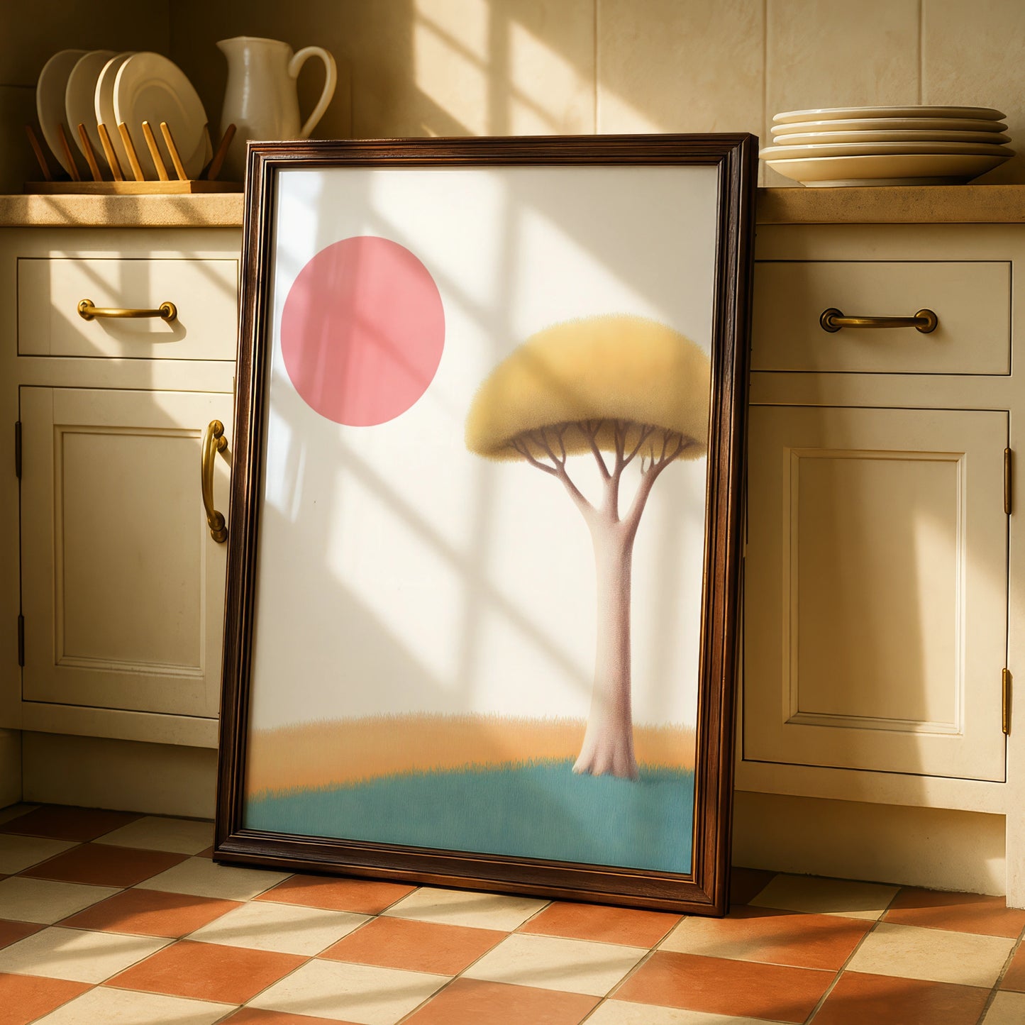 Nursery Wall Art Tree Print, Pink Sun Poster, Minimalist Kids Room Decor, Pastel Colours