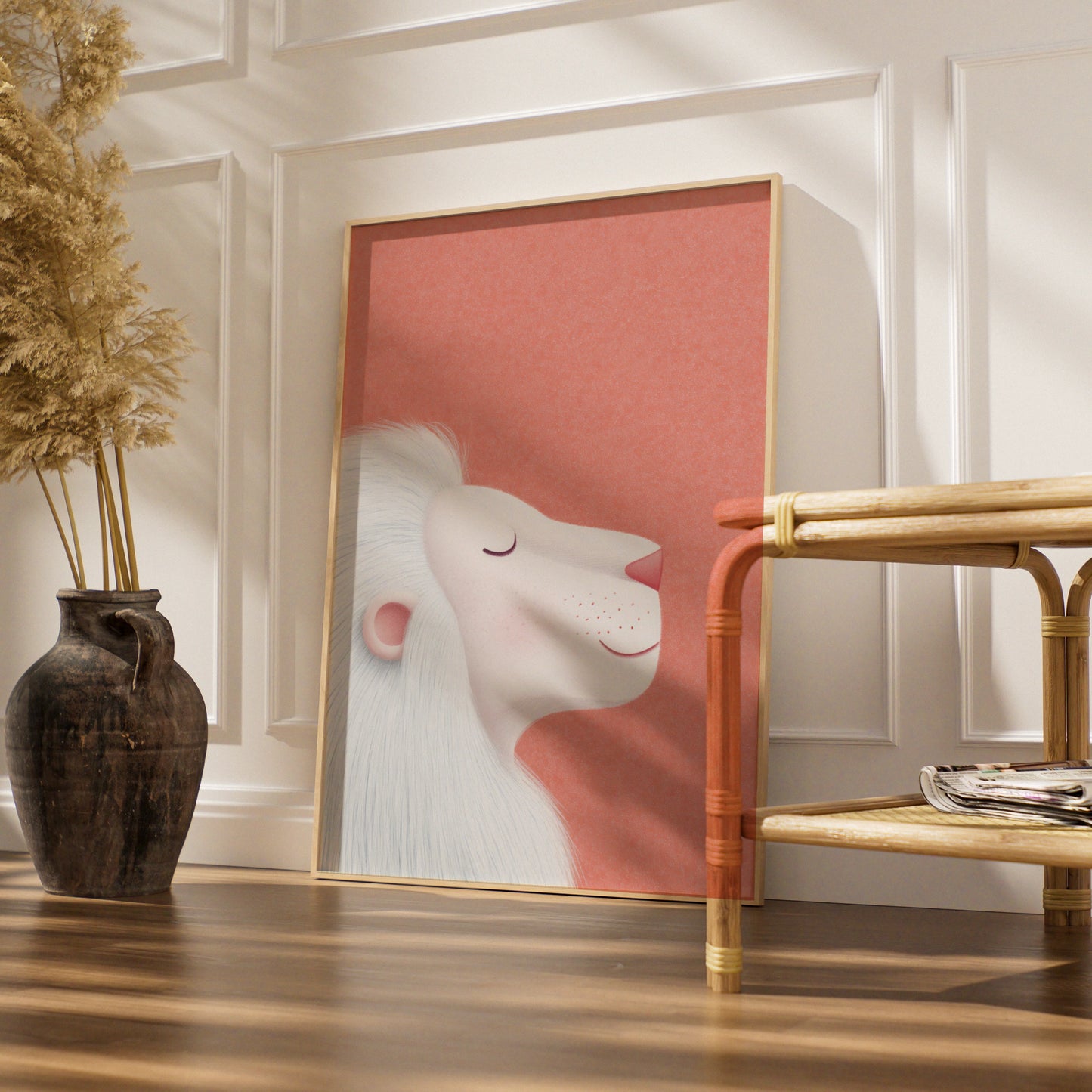 White Lion Nursery Wall Art, Coral Pink Baby Room Poster, Kids Animal Print, Cute Lion