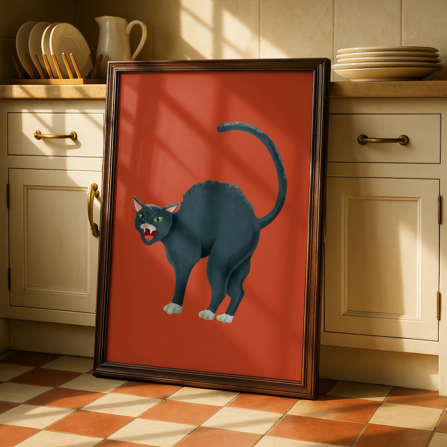 Halloween Black Cat Poster, Spooky Cat Wall Art, Arched Cat Print, Bold Red Halloween Decor