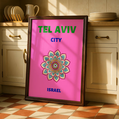 Tel Aviv Travel Poster, Israel Wall Art, Mandala Print, Retro City Decor, Bold Pink