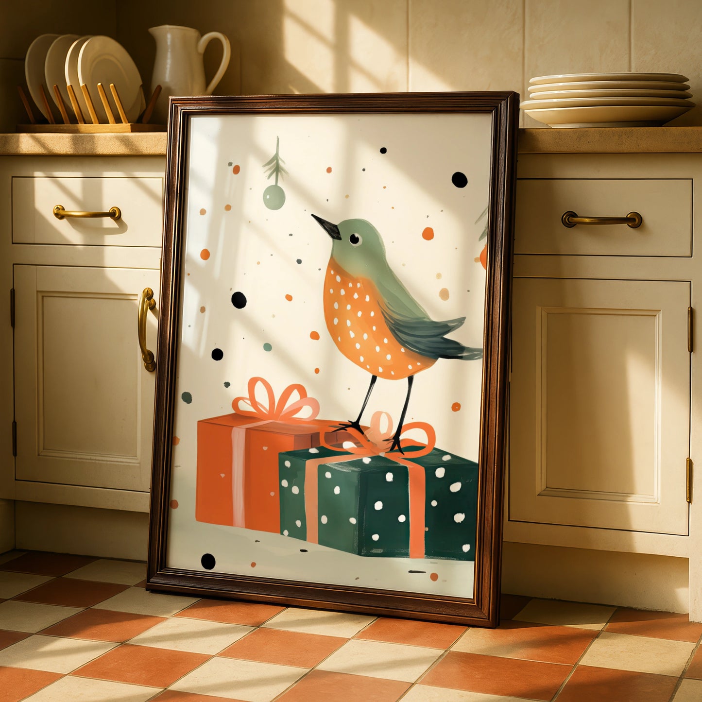 Christmas Robin Poster, Festive Bird Wall Art, Cute Xmas Gift Print, Green Orange Illustrated