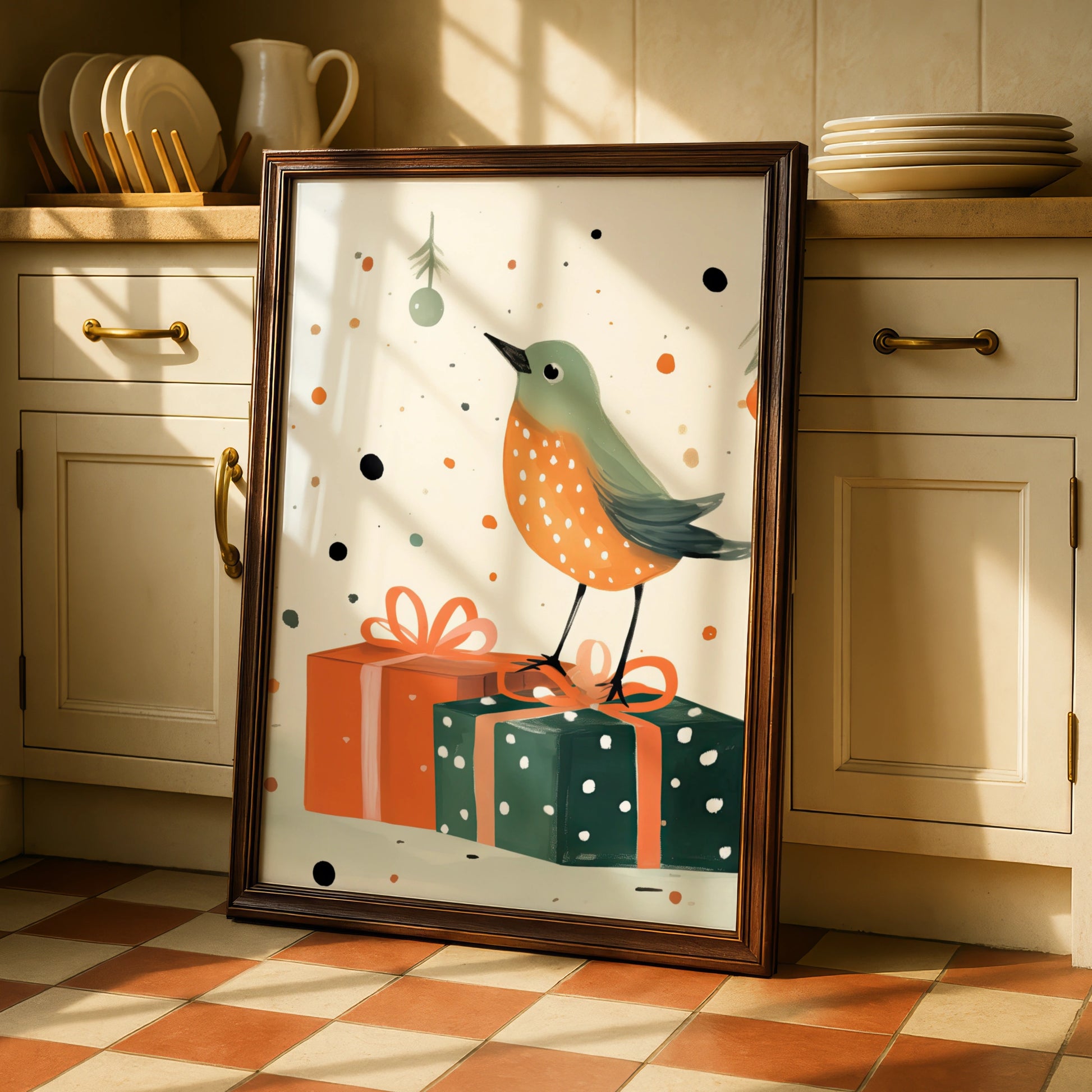 Christmas Robin Poster, Festive Bird Wall Art, Cute Xmas Gift Print, Green Orange Illustrated