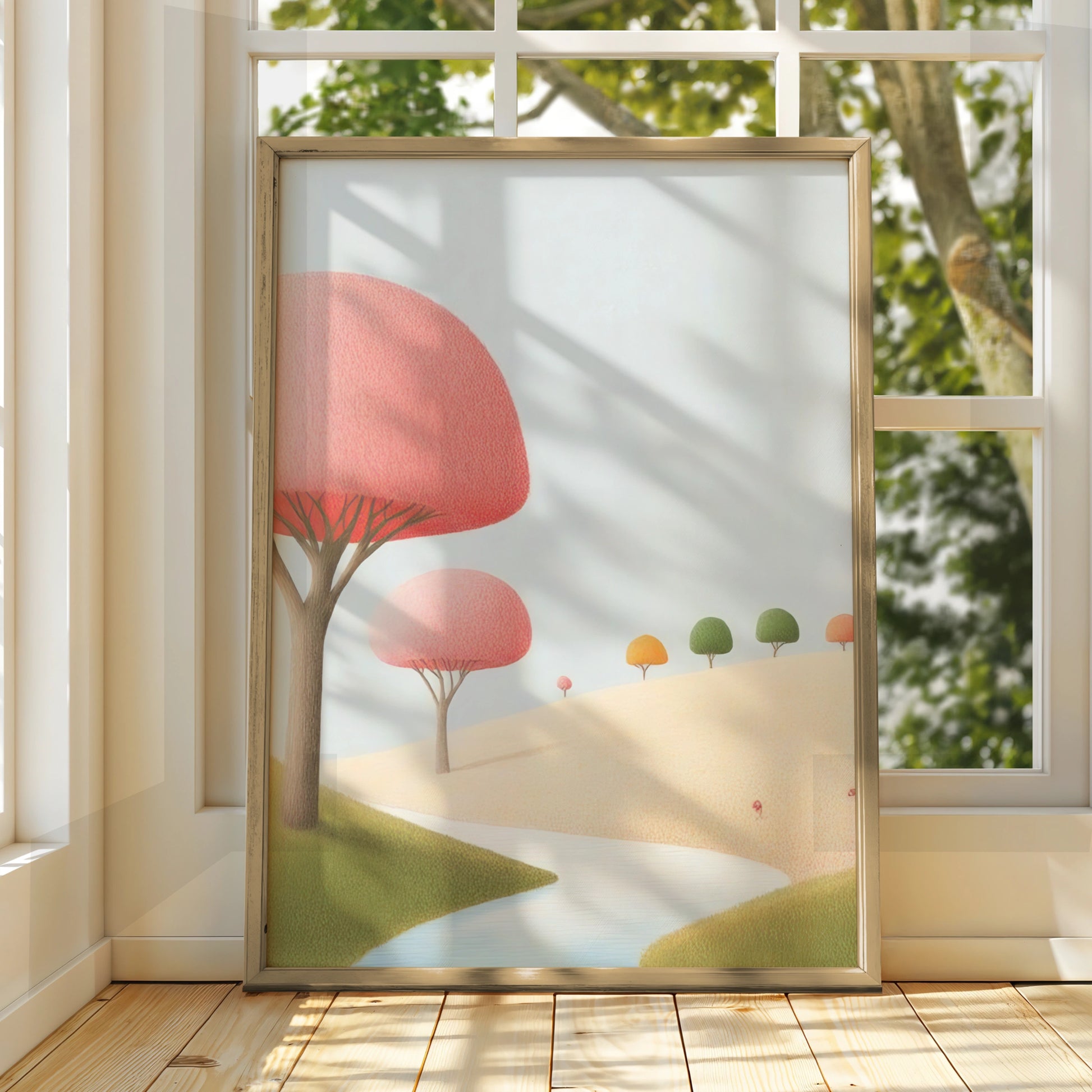 Nursery Wall Art Pastel Landscape Print, Cute Tree Poster, Baby Room Decor Gift